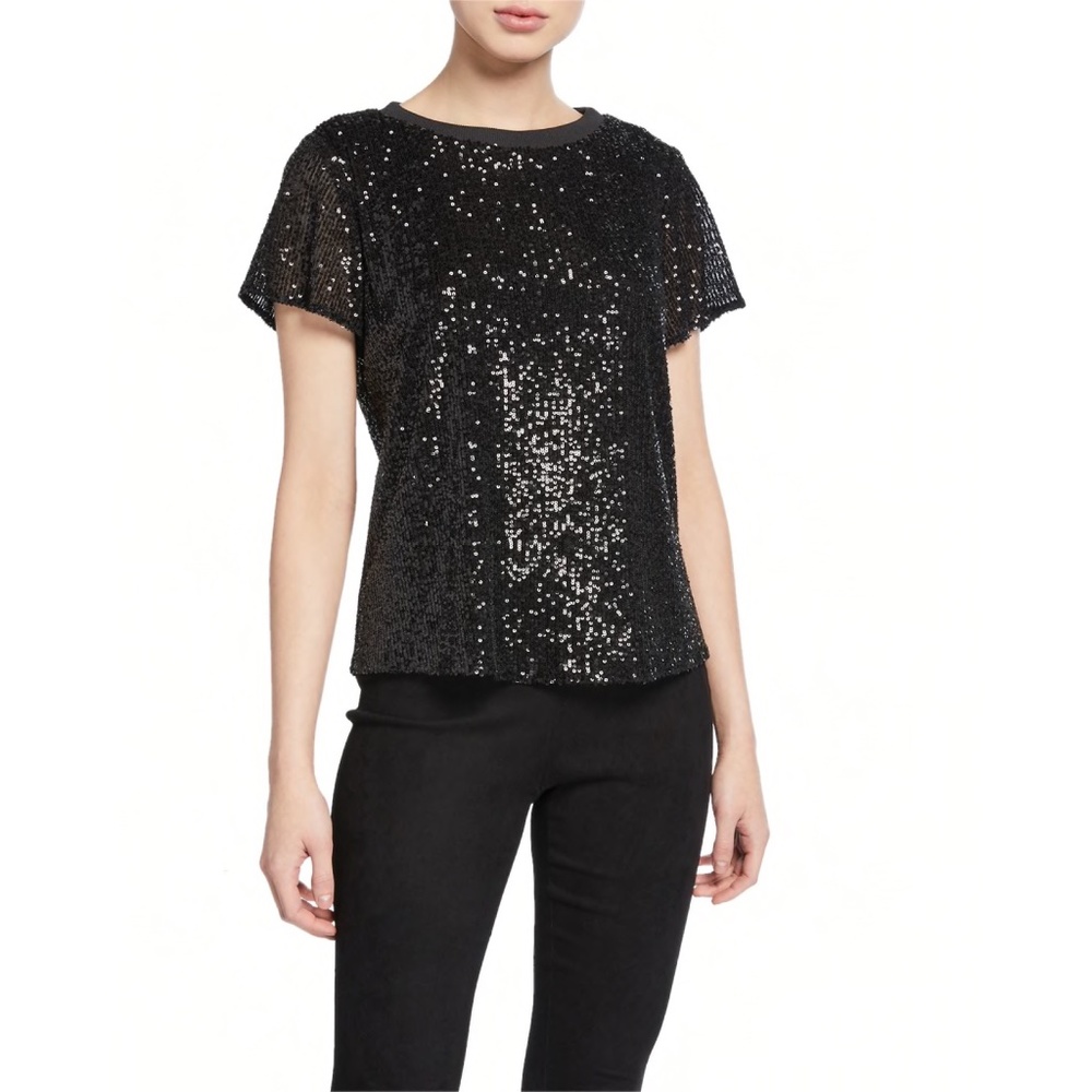 NWT · PARKER · Anna Sequin Short Sleeve Crew Neck Top in Black Sz XS